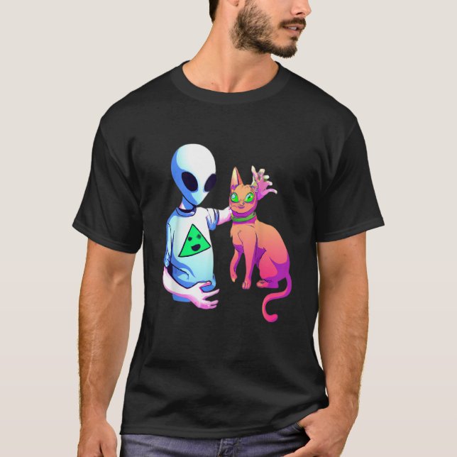 Camiseta Alien Petting A Cat Alien Ufo  Cat Kids Men Women (Anverso)