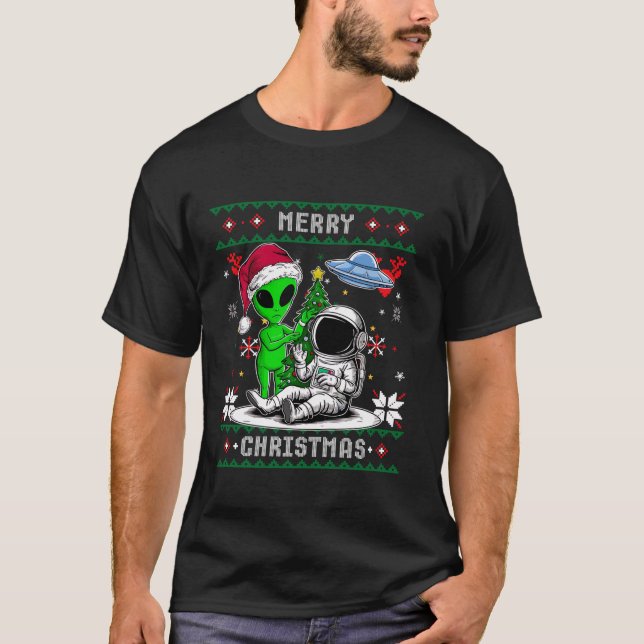 Camiseta Alien Santa Astronauta Merry Christmas Tree Funny  (Anverso)