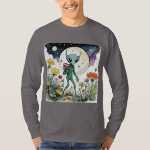Camiseta Alienígena Divertido Recogiendo Flores Con Luna Ll