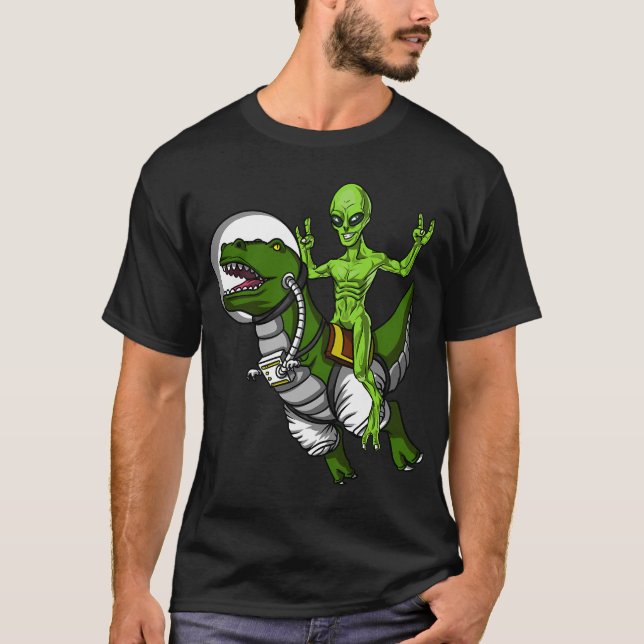 Camiseta Alienígena Espacial Montando Dinosaurio T-Rex (Anverso)