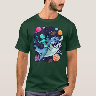 Camiseta Alienígena Montando OVNI Tiburón Planetas del Espa