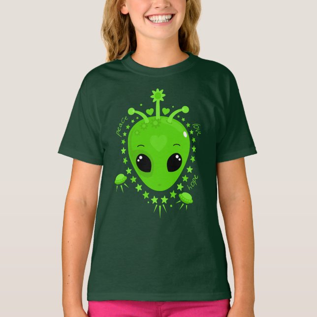 Camiseta Alienígena Paz Esperanza Amor Kawaii (Anverso)
