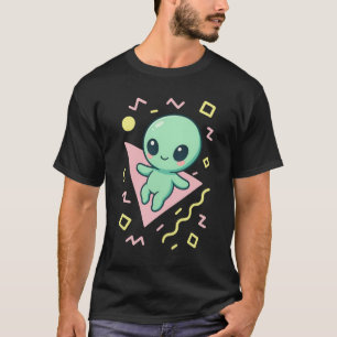 Camiseta Alienígena Retro Kawaii sobre Fondo Geométrico