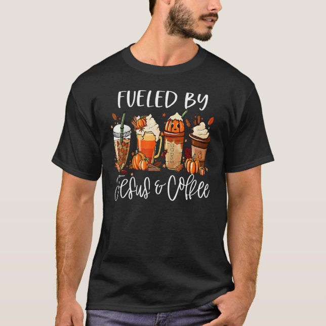 Camiseta Alimentado Por El Café Jesús Cafeína Día De Acción (Anverso)