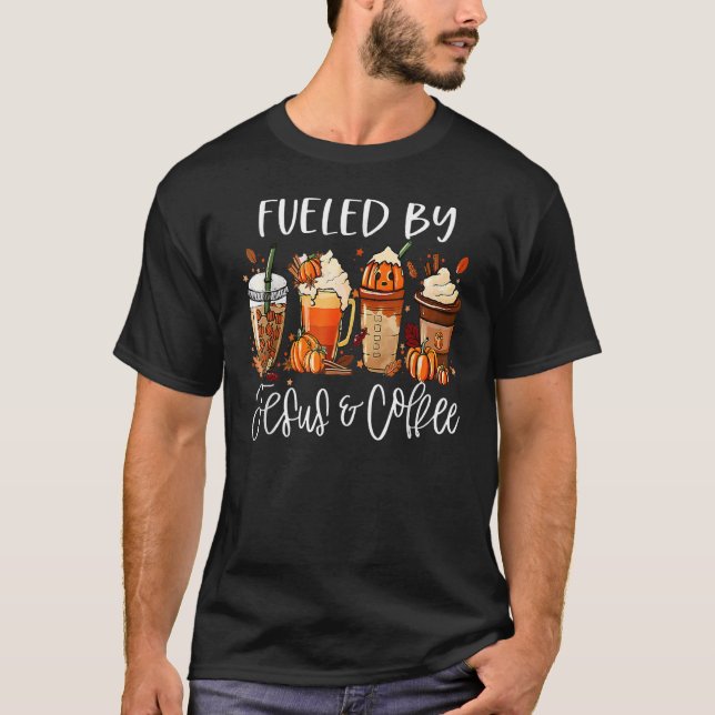 Camiseta Alimentado Por El Café Jesús Cafeína Día De Acción (Anverso)