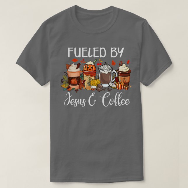 Camiseta Alimentado Por El Café Jesús Cafeína Lover Acción  (Diseño del anverso)