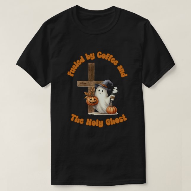 Camiseta Alimentado por el café y el Espíritu Santo (Diseño del anverso)