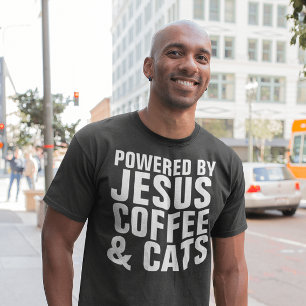 CAMISETA ALIMENTADO POR JESUS COFFEE & CATS CAT T-SHIRTS