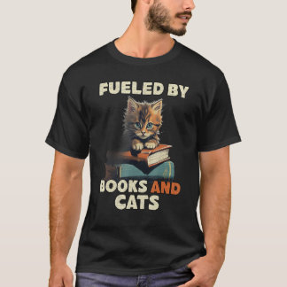 Camiseta Alimentado Por Libros Y Gatos Amante Felino Gatito