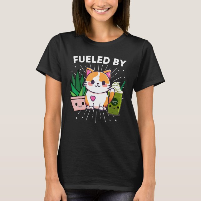 Camiseta Alimentado Por Plantas De Gatos Iced Matcha Té Ver (Anverso)