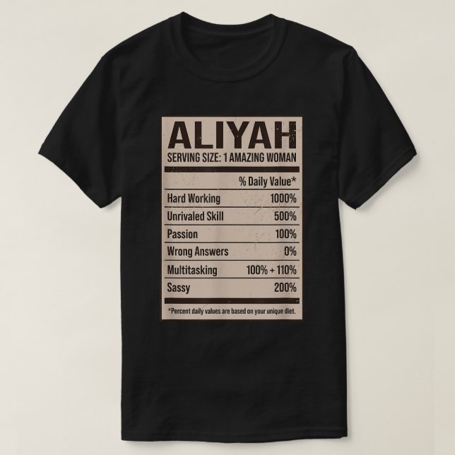 Camiseta Aliyah Nutrition Facts Name Nickname Alias Título  (Diseño del anverso)
