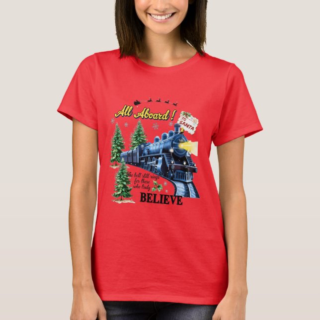 Camiseta All Aboard Christmas Train – Believe Holiday Steam (Anverso)