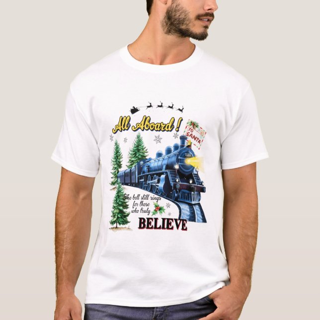 Camiseta All Aboard Christmas Train – Believe Holiday Steam (Anverso)