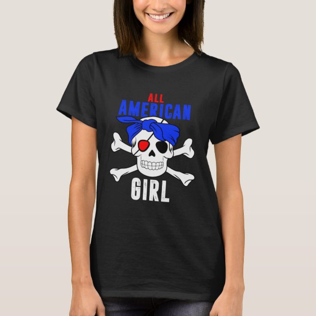 Camiseta All American Girl 4th of July Pirate Skull USA Fla (Anverso)