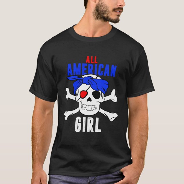 Camiseta All American Girl 4th of July Pirate Skull USA Fla (Anverso)