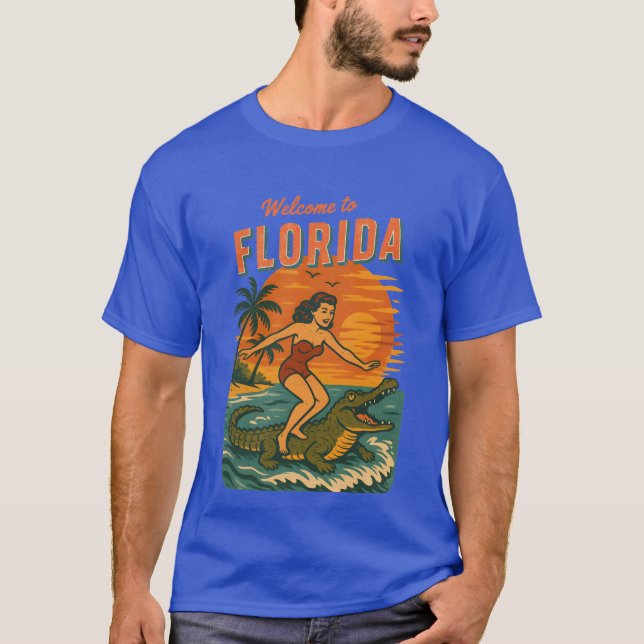 Camiseta Alligator Surfing Beach Pin-up Retro Coastal Life (Anverso)