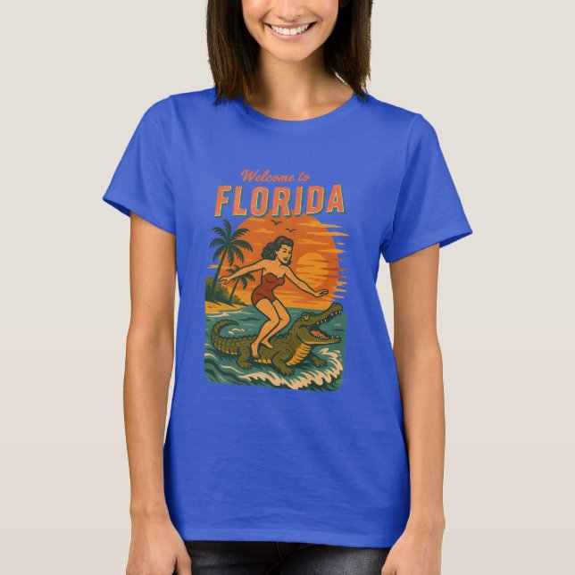 Camiseta Alligator Surfing Beach Pin-up Retro Coastal Life (Anverso)