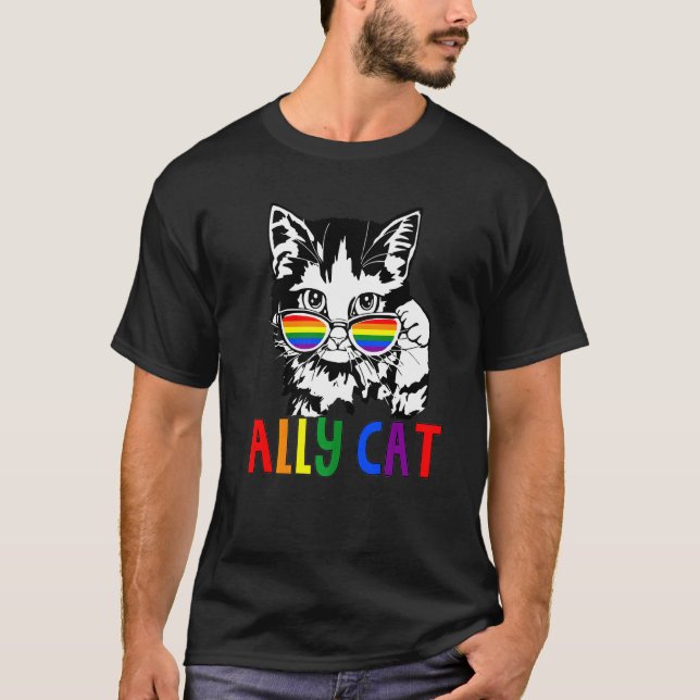 Camiseta Ally Cat Lgbt Flag Gay Prily Ally Rainbow Mens Wom (Anverso)
