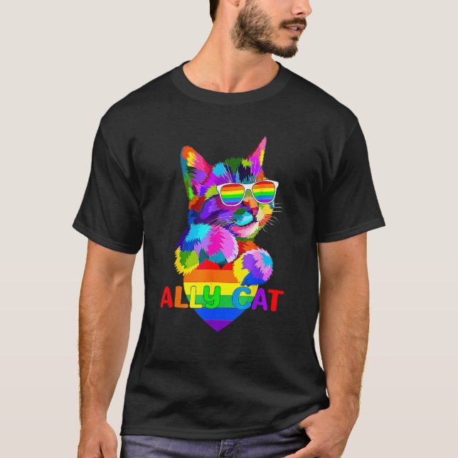 Camiseta Ally Cat LGBT Gay Rainbow Pride Flag Boys Men Girl (Anverso)