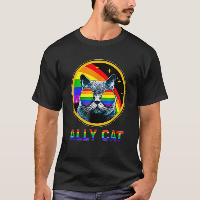 Camiseta Ally Cat LGBT Pride Month Cat With Ally Pride Rain (Anverso)