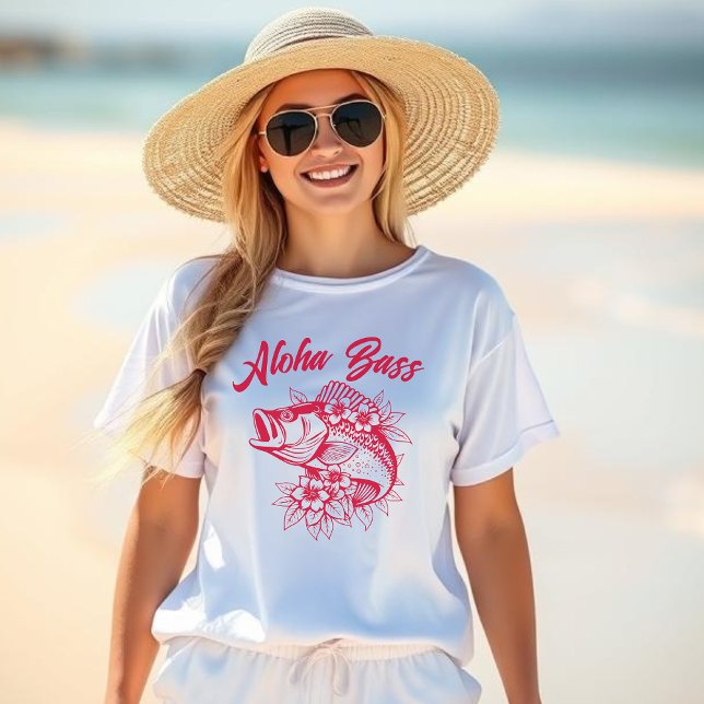 Camiseta Aloha Bass-Fisherman Style-Cherry Red (Aloha Bass, Hawaiian, Fisherman Core Style, Tropical Flowers, Beach t shirt, summer t shirt, Cherry)