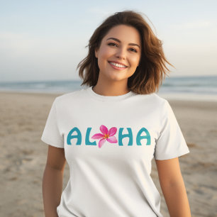 Camiseta Aloha Hawái Plumeria Floral Rosa Turquesa