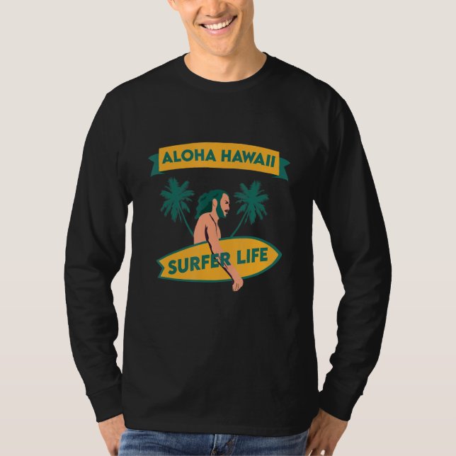 Camiseta Aloha Hawaii Island Palm Beach Surfboard (Anverso)