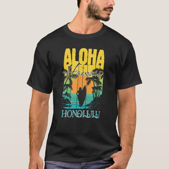 Camiseta Aloha Honolulu Oahu Hawaii Surfer Sunset Waikiki B (Anverso)