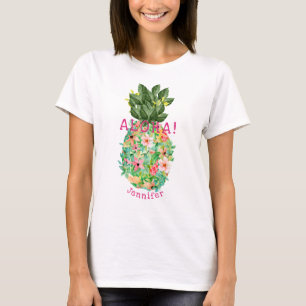 Camiseta Aloha Piña Floral Tropical Nombre Personalizado