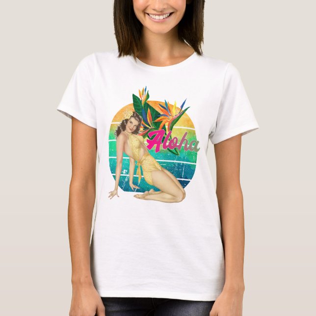 Camiseta Aloha Tropical Pin-up chica retro arte de puesta d (Anverso)