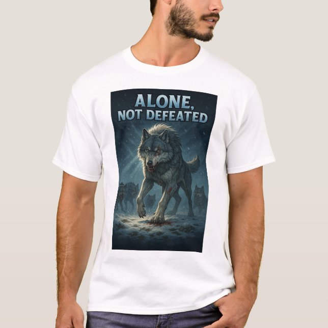 Camiseta Alone, Not Defeated | Motivational Wolf Art (Anverso)