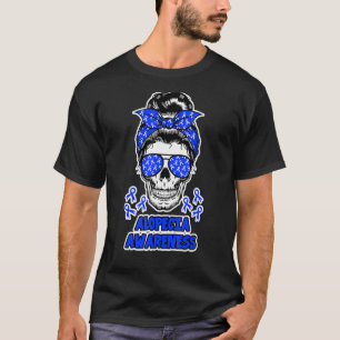Camiseta Alopecia Conciencia Messy Bun Skull Cinta azul par