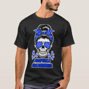 Camiseta Alopecia Conciencia Messy Bun Skull Cinta azul par