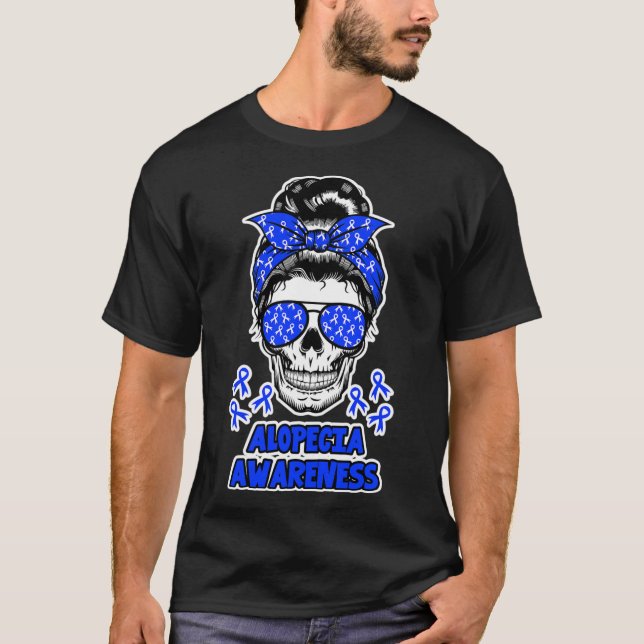 Camiseta Alopecia Conciencia Messy Bun Skull Cinta azul par (Anverso)
