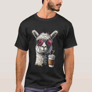 Camiseta alpaca con gafas de sol frescas y una taza de kitt