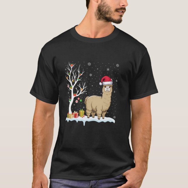 Camiseta Alpaca Santa Hat Navidades de luz de árbol festivo (Anverso)