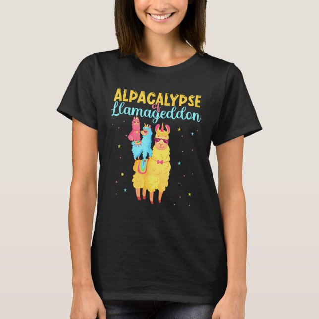 Camiseta Alpacalypse o Llamageddon Alpacas y Llamas toman (Anverso)