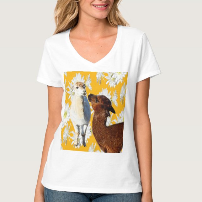 Camiseta Alpacas Blanco Y Marrón, Camisas Vneck Damas (Anverso)