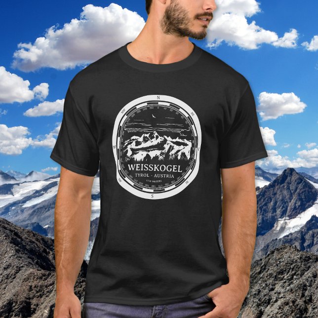 Camiseta Alpes del Monte Weisskogel-Tirol Austria (Mount Weisskogel T-Shirt in Back with a white compass and mountain illustration)