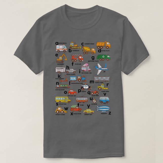 Camiseta Alphabet Vehicles ABCs Lower Case Learning Teacher (Diseño del anverso)