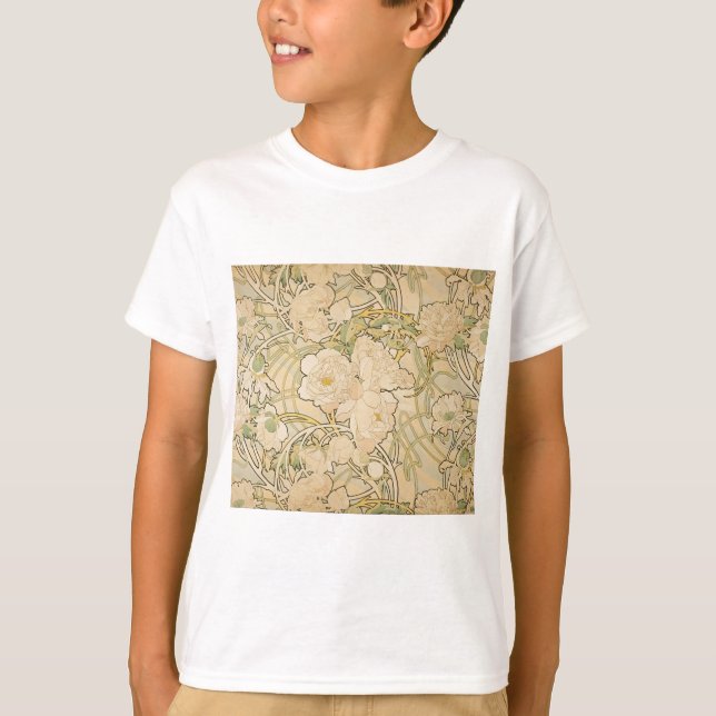 Camiseta Alphonse Mucha Peonies Peony Rosas Fawn 1897 (Anverso)