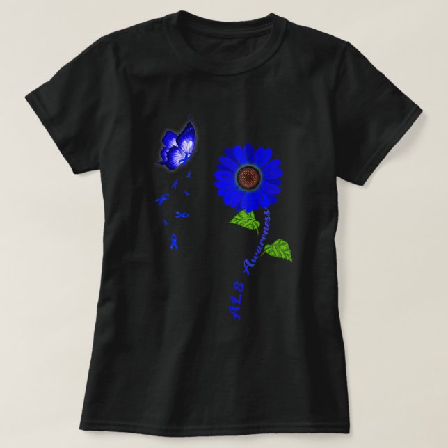 Camiseta ALS Awareness Blue Butterfly Sunflower Ribbon  (Diseño del anverso)