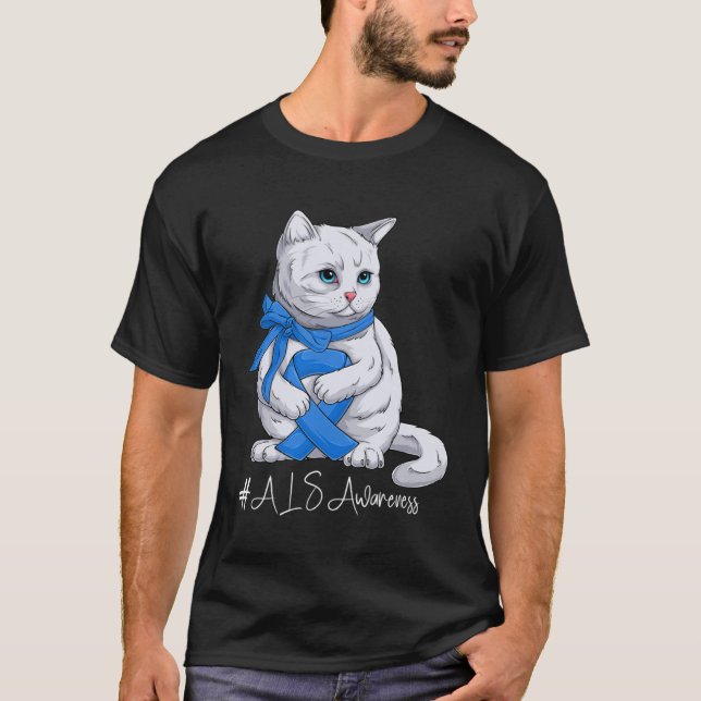 Camiseta ALS Awareness Month Blue Ribbon Cat (Anverso)