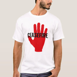 Camiseta Alto al fuego blanco mano roja negra contra person