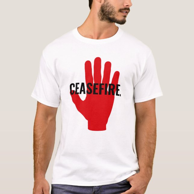 Camiseta Alto al fuego blanco mano roja negra contra person (Anverso)