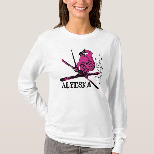 Camiseta Alyeska Alaska Esquiador rosa señoras de la casa (Anverso)