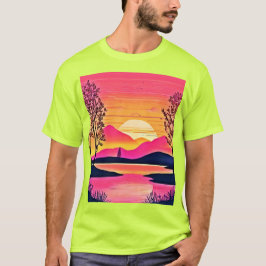 Camiseta Amanecer dorado sobre arte de lago rosado