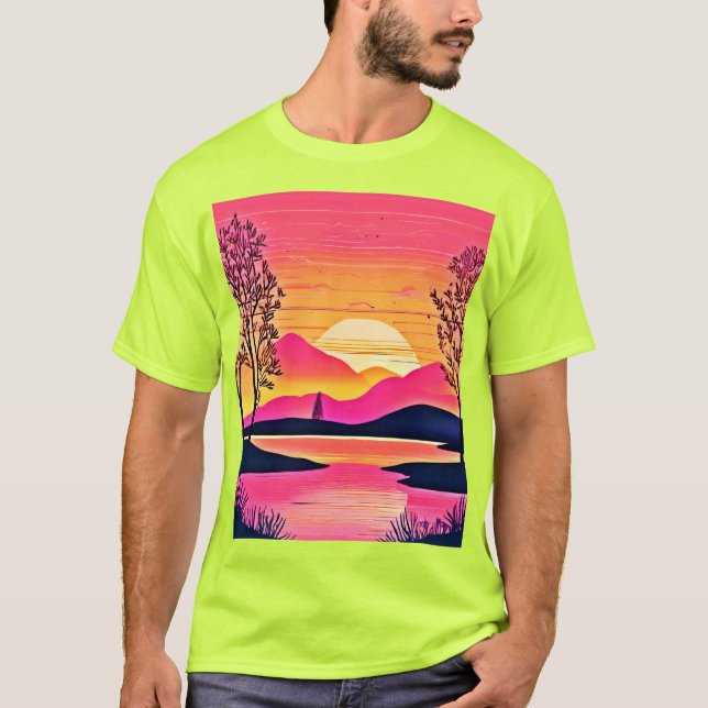 Camiseta Amanecer dorado sobre arte de lago rosado (Anverso)