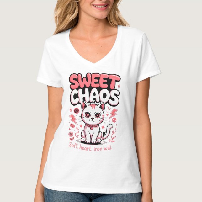 Camiseta Amante de Gatos Audaz Dulce Caos Gatito Transgreso (Anverso)
