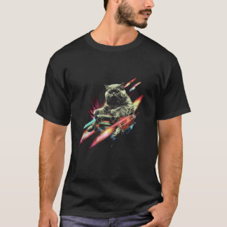 Camiseta Amante de Gatos Diseño Retro Cohete Espacial Viaje